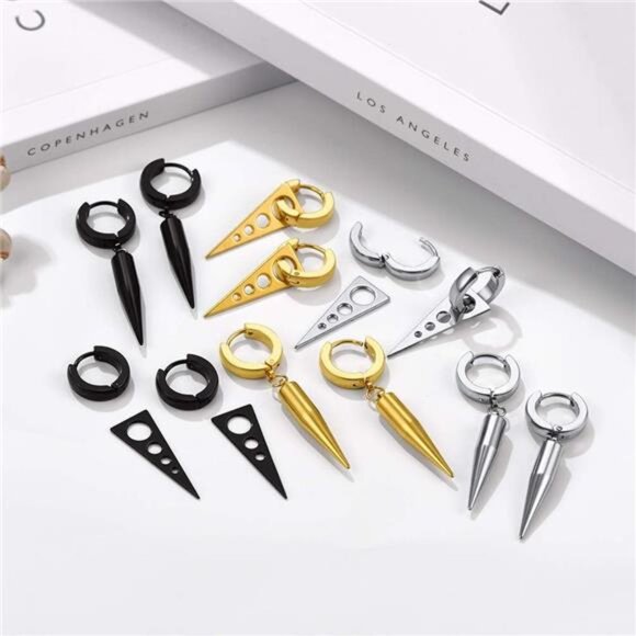 Statement Earrings for Men & Women, Punk Style Black/Gold Stainless Steel Hypoal - Picture 3 of 7